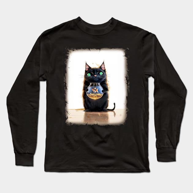 Black Cat Holding a Goldfish in a Fish Bowl Long Sleeve T-Shirt by candiscamera